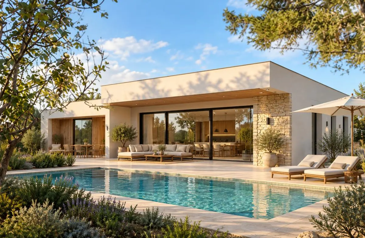 Simulation générée par IA : la villa contemporaine à toiture plate et sa piscine